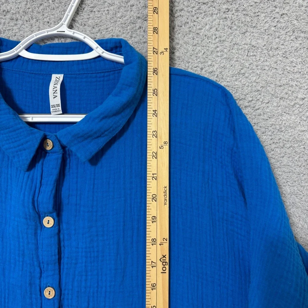 Oversized Cotton Gauze Button Up Shirt Lightweight Relaxed Fit 2X/3X Royal Blue - Picture 10 of 11